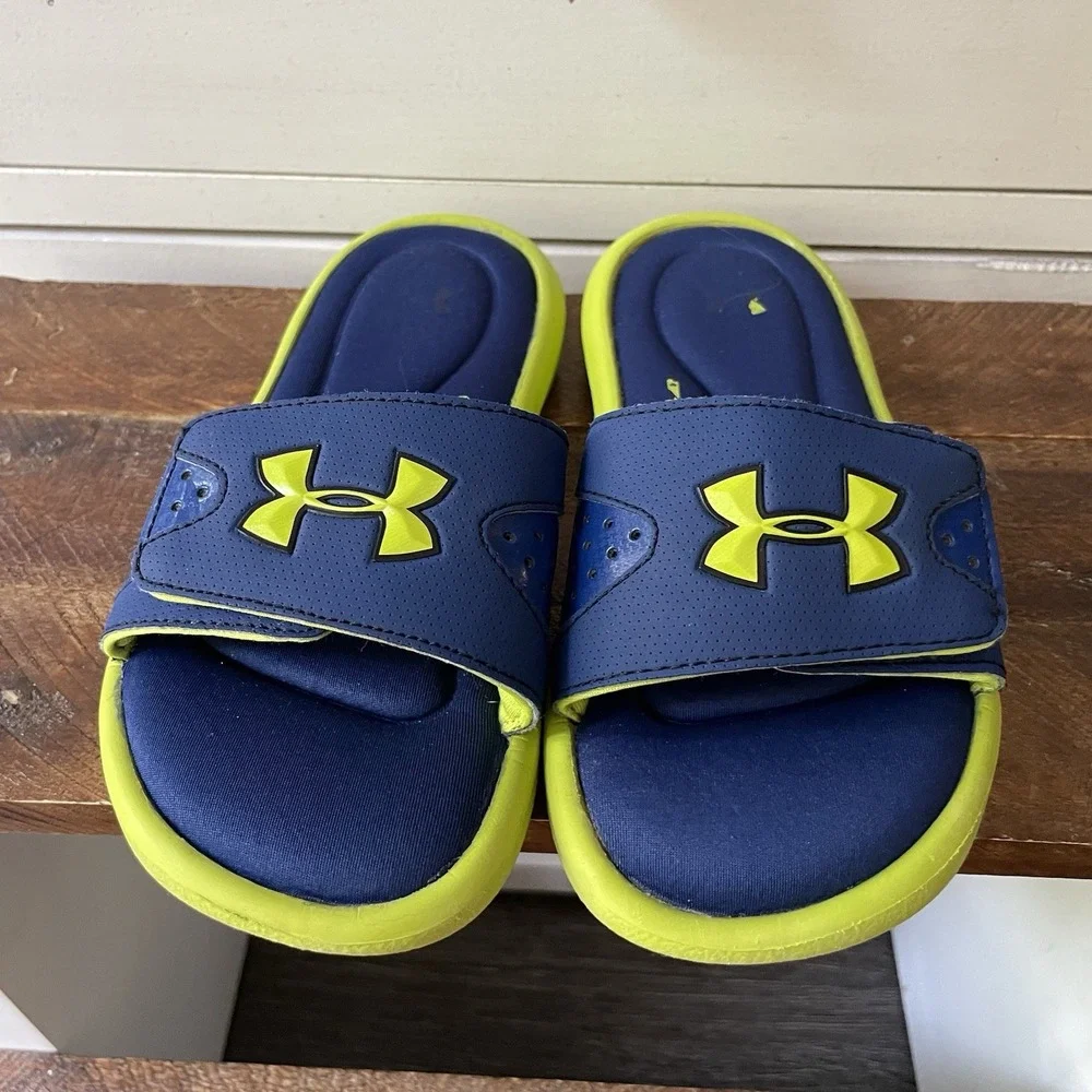 Under Armour Kids UA Blue‎ Green Slip On Slides Sandals Size US 1Y Summer